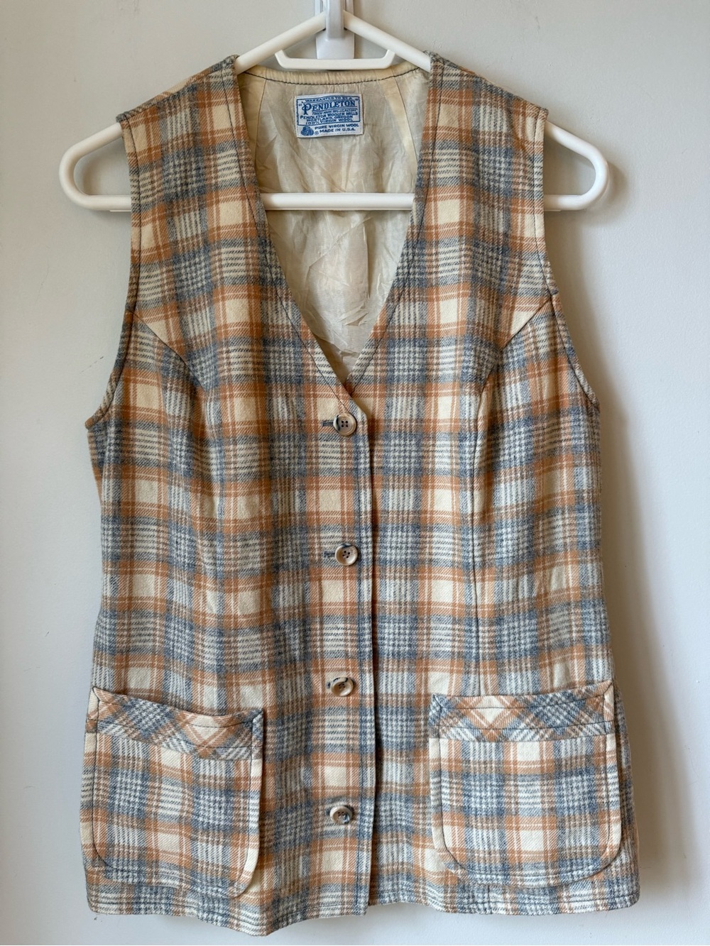 Vintage Pendleton Plaid Wool Vest buttons patch pockets back belt classic
